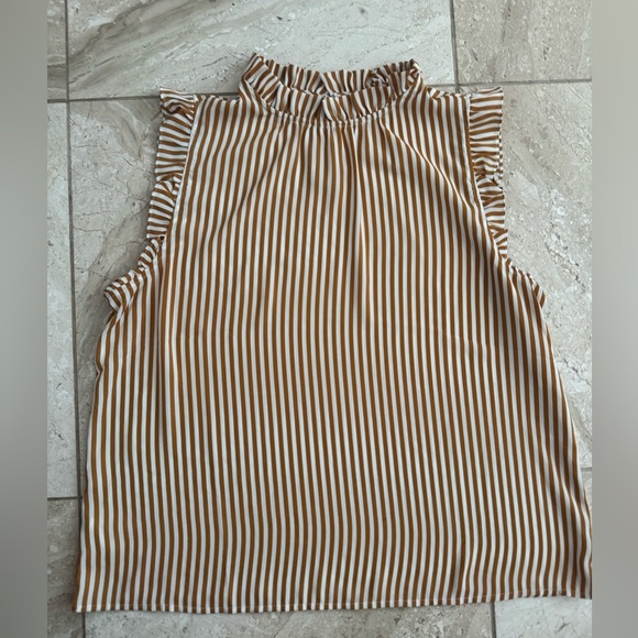Ann Taylor Factory high collar mustard and white vertical stripe sleeveless med - Picture 1 of 2